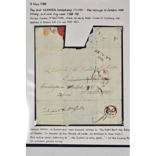 72 - REMARKABLE COLLECTION OF POSTAL HISTORY FROM THE KESWICK AREA, includes mileage marks, Keswick malte... 