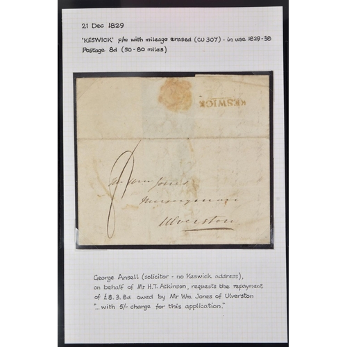 72 - REMARKABLE COLLECTION OF POSTAL HISTORY FROM THE KESWICK AREA, includes mileage marks, Keswick malte... 