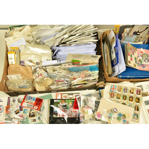 95 - A LARGE COLLECTION OF STAMPS in three boxes housed in albums and loose in many packets, plenty to so... 