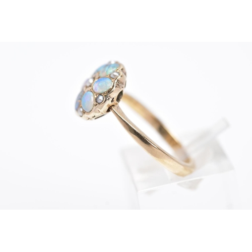 10 - A MODERN 9CT GOLD OPAL AND SPLIT PEARL CLUSTER RING, designed with oval cabochon opals and split pea... 