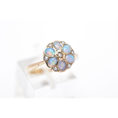 10 - A MODERN 9CT GOLD OPAL AND SPLIT PEARL CLUSTER RING, designed with oval cabochon opals and split pea... 