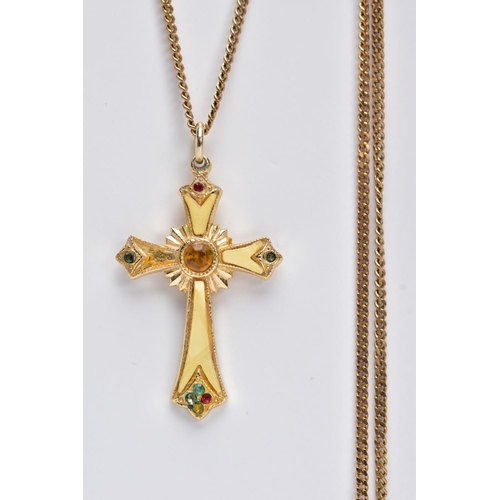 101 - A 9CT GOLD CHAIN WITH A YELLOW METAL CROSS PENDANT, the curb link chain fitted with a spring clasp, ... 