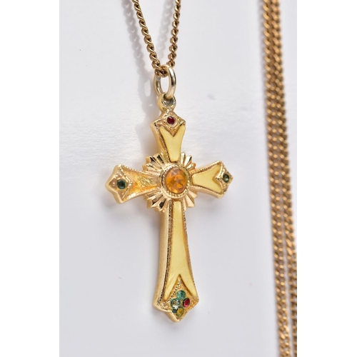 101 - A 9CT GOLD CHAIN WITH A YELLOW METAL CROSS PENDANT, the curb link chain fitted with a spring clasp, ... 