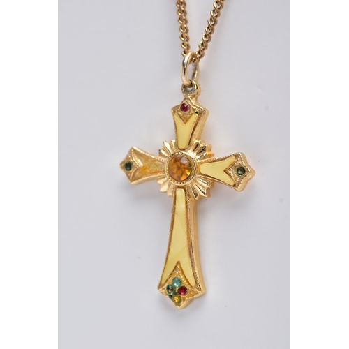 101 - A 9CT GOLD CHAIN WITH A YELLOW METAL CROSS PENDANT, the curb link chain fitted with a spring clasp, ... 