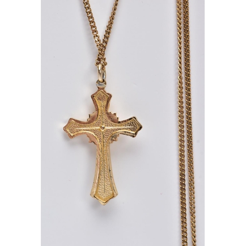 101 - A 9CT GOLD CHAIN WITH A YELLOW METAL CROSS PENDANT, the curb link chain fitted with a spring clasp, ... 