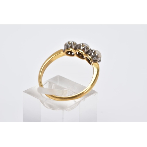 109 - A LATE 19TH EARLY 20TH CENTURY THREE PEARL RING, yellow gold ring designed with three claw set, grad... 