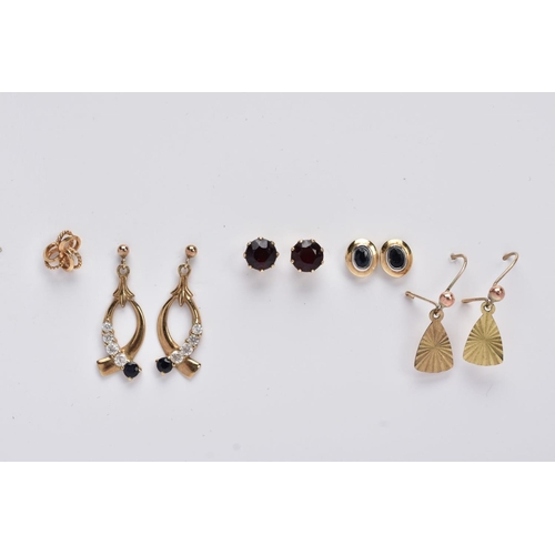 111 - FOUR PAIRS OF 9CT GOLD EARRINGS AND A SINGLE EARRINGS, to include a pair of drop earrings set with p... 