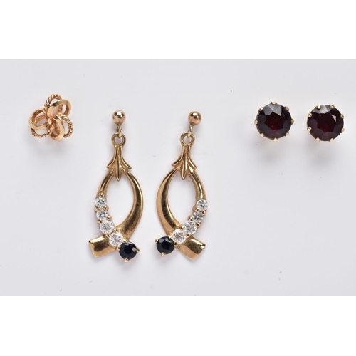 111 - FOUR PAIRS OF 9CT GOLD EARRINGS AND A SINGLE EARRINGS, to include a pair of drop earrings set with p... 