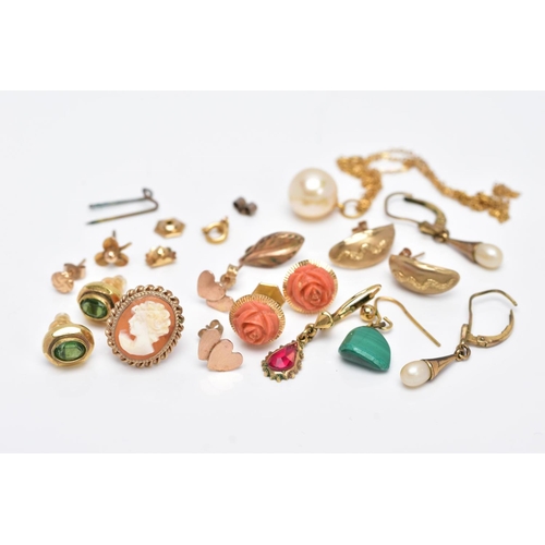 112 - A  BAG OF ASSORTED YELLOW METAL JEWELLERY, to include a pair of carved coral flowers fitted to a tex... 