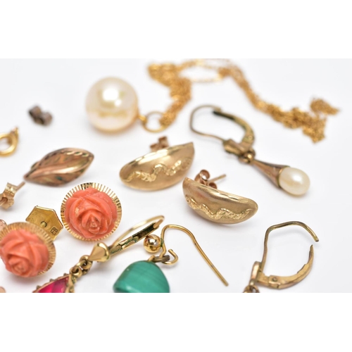 112 - A  BAG OF ASSORTED YELLOW METAL JEWELLERY, to include a pair of carved coral flowers fitted to a tex... 