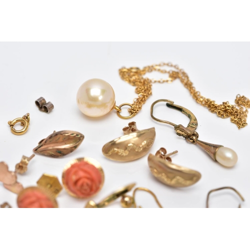 112 - A  BAG OF ASSORTED YELLOW METAL JEWELLERY, to include a pair of carved coral flowers fitted to a tex... 