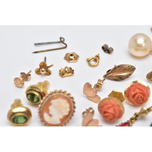 112 - A  BAG OF ASSORTED YELLOW METAL JEWELLERY, to include a pair of carved coral flowers fitted to a tex... 