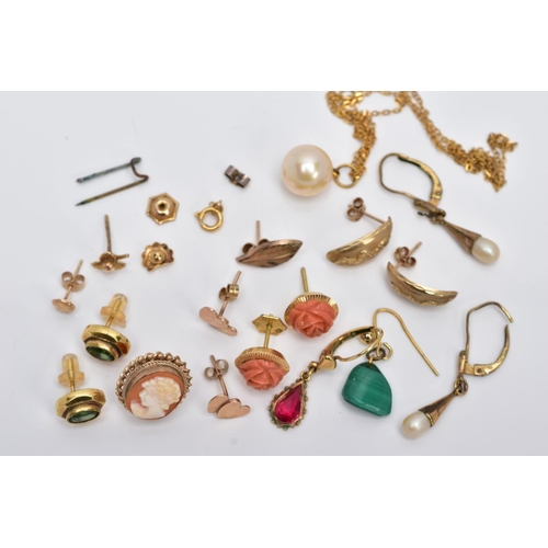 112 - A  BAG OF ASSORTED YELLOW METAL JEWELLERY, to include a pair of carved coral flowers fitted to a tex... 