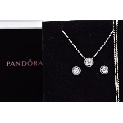 113 - A PANDORA NECKLACE AND EARRING GIFT SET, the necklace designed with a cubic zirconia halo set pendan... 