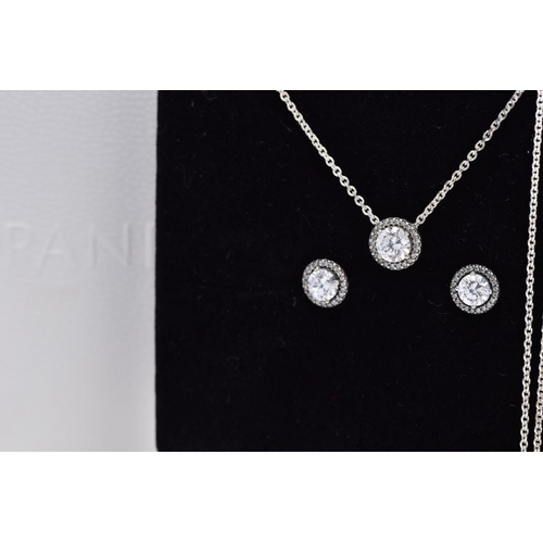 113 - A PANDORA NECKLACE AND EARRING GIFT SET, the necklace designed with a cubic zirconia halo set pendan... 