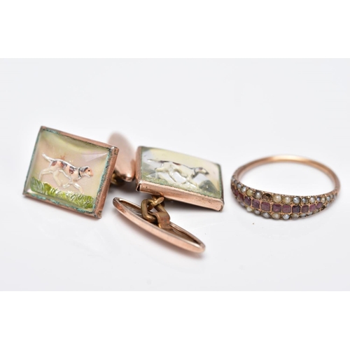 114 - A PAIR OF ESSEX CRYSTAL STYLE GILT CUFFLINKS AND A VICTORIAN GARNET AND SPLIT PEARL RING, the cuffli... 