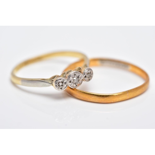 124 - A YELLLOW METAL THREE STONE DIAMOND RING AND A 22CT GOLD BAND, the diamond ring centring on an illus... 