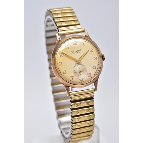 126 - A GENTS 9CT GOLD 'ACCURIST' WRISTWATCH, hand wound movement, discoloured silver dial signed 'Accuris... 