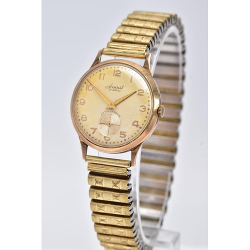 126 - A GENTS 9CT GOLD 'ACCURIST' WRISTWATCH, hand wound movement, discoloured silver dial signed 'Accuris... 