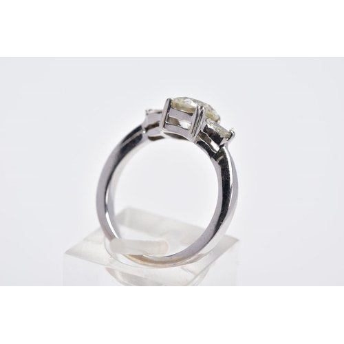 130 - A MODERN DIAMOND THREE STONE RING, a round brilliant cut estimated weight 1.53ct, colour assessed as... 