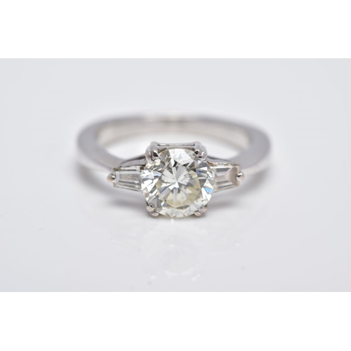 130 - A MODERN DIAMOND THREE STONE RING, a round brilliant cut estimated weight 1.53ct, colour assessed as... 