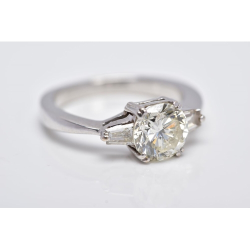 130 - A MODERN DIAMOND THREE STONE RING, a round brilliant cut estimated weight 1.53ct, colour assessed as... 