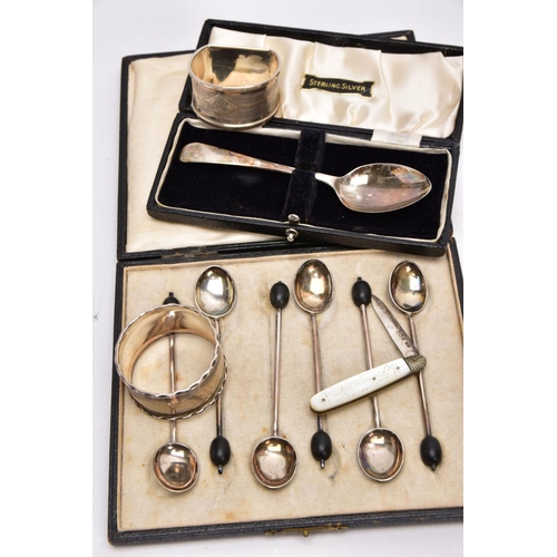 139 - A SELECTION OF SILVER ITEMS, to include a cased set of six coffee spoons, each set with a wooden cof... 