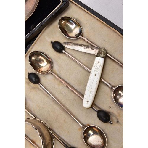 139 - A SELECTION OF SILVER ITEMS, to include a cased set of six coffee spoons, each set with a wooden cof... 