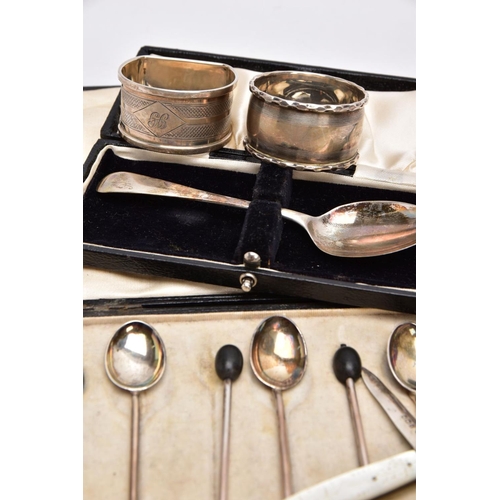 139 - A SELECTION OF SILVER ITEMS, to include a cased set of six coffee spoons, each set with a wooden cof... 