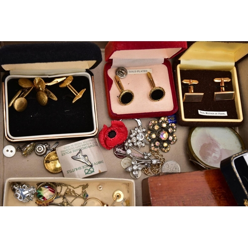 140 - A BOX OF ASSORTED ITEMS, to include a wooden jewellery box with beaded necklaces, a small blue jewel... 