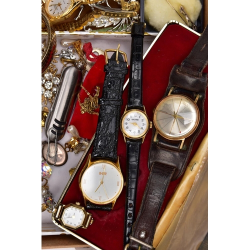 141 - A TRAY OF ASSORTED COSTUME JEWELLERY AND WRISTWATCHES, to include a quantity of costume jewellery su... 