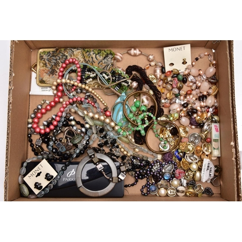 144 - A BOX OF ASSORTED COSTUME JEWELLERY, to include pieces such as a semi precious graduated bead neckle... 