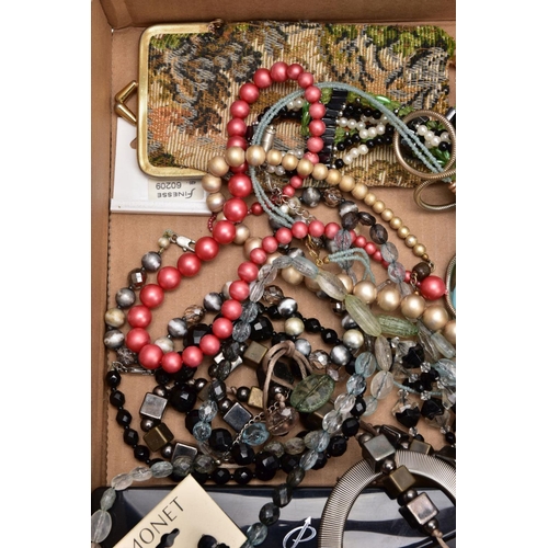 144 - A BOX OF ASSORTED COSTUME JEWELLERY, to include pieces such as a semi precious graduated bead neckle... 