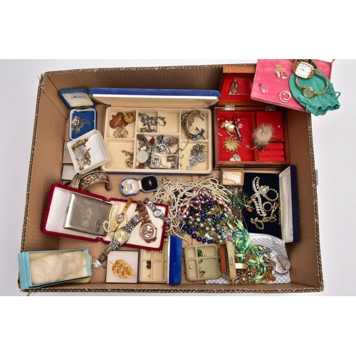 148 - A BOX OF ASSORTED ITEMS, to include a blue velvet jewellery box with contents such as a silver St.Ch... 