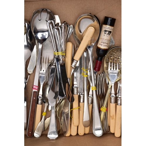 149 - A BOX OF ASSORTED ITEMS AND A BOX OF CUTLERY, to include a variety of costume jewellery such as an a... 