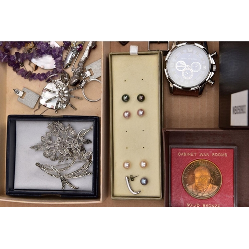 149 - A BOX OF ASSORTED ITEMS AND A BOX OF CUTLERY, to include a variety of costume jewellery such as an a... 