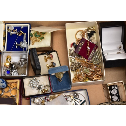 151 - TWO BOXES OF ASSORTED ITEMS,  to include a quantity of costume jewellery such as Wedgwood brooch, a ... 