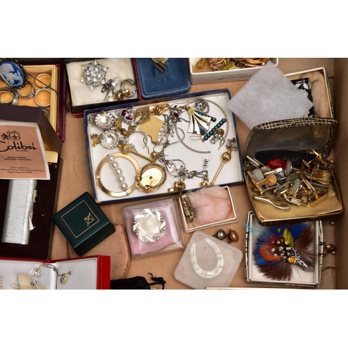 151 - TWO BOXES OF ASSORTED ITEMS,  to include a quantity of costume jewellery such as Wedgwood brooch, a ... 