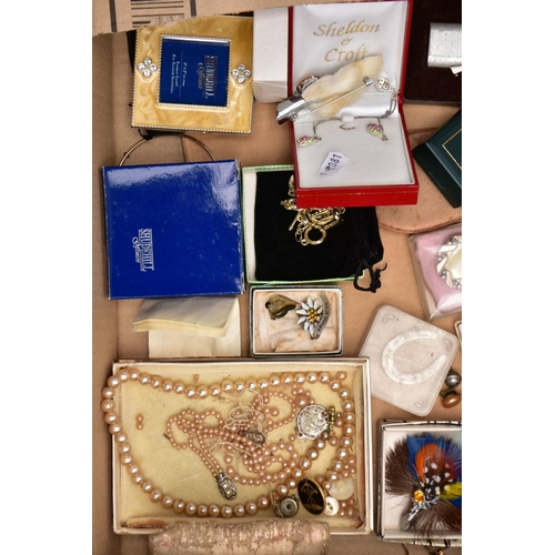 151 - TWO BOXES OF ASSORTED ITEMS,  to include a quantity of costume jewellery such as Wedgwood brooch, a ... 