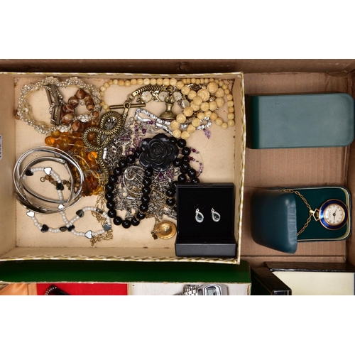 151 - TWO BOXES OF ASSORTED ITEMS,  to include a quantity of costume jewellery such as Wedgwood brooch, a ... 