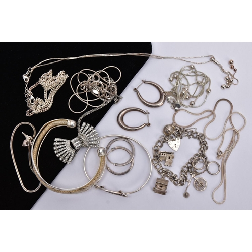 155 - A BAG OF ASSORTED WHITE METAL JEWELLERY, to include a white metal bangle stamped '925', a white meta... 