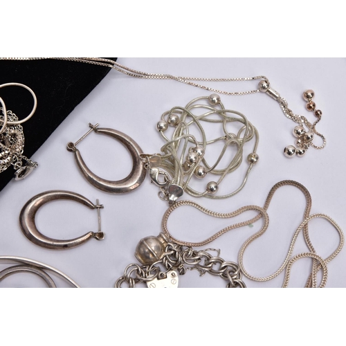 155 - A BAG OF ASSORTED WHITE METAL JEWELLERY, to include a white metal bangle stamped '925', a white meta... 