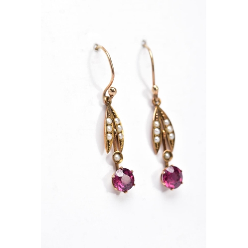 16 - A PAIR OF EDWARDAN, GARNET AND SPLIT PEARL DROP EARRINGS, each yellow metal earring, set with a circ... 