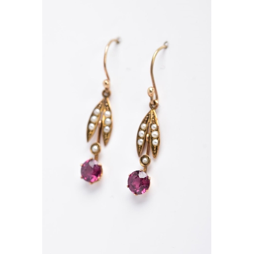 16 - A PAIR OF EDWARDAN, GARNET AND SPLIT PEARL DROP EARRINGS, each yellow metal earring, set with a circ... 