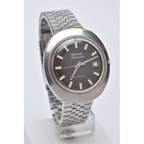 165 - A GENTS 'BULOVA AMBASSADOR' AUTOMATIC WRITSWATCH, round charcoal grey dial signed 'Bulova', baton ma... 