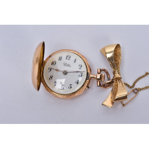 167 - AN EARLY 20TH CENTURY GOLD AND DIAMOND LADY'S FOB WATCH, white enamel dial signed 'Elba', case measu... 