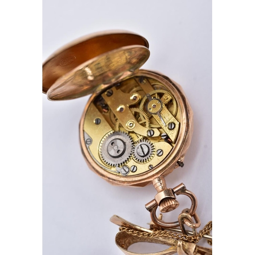 167 - AN EARLY 20TH CENTURY GOLD AND DIAMOND LADY'S FOB WATCH, white enamel dial signed 'Elba', case measu... 