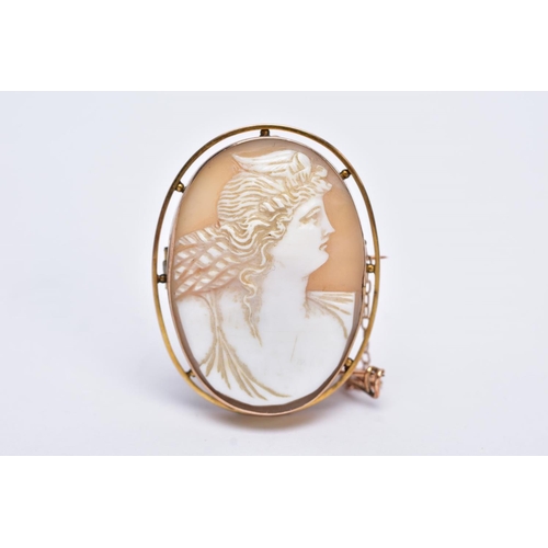 168 - A GOLD CAMEO BROOCH, depicting a maiden in profile, measuring approximately 42mm x 33mm, stamped '9c... 