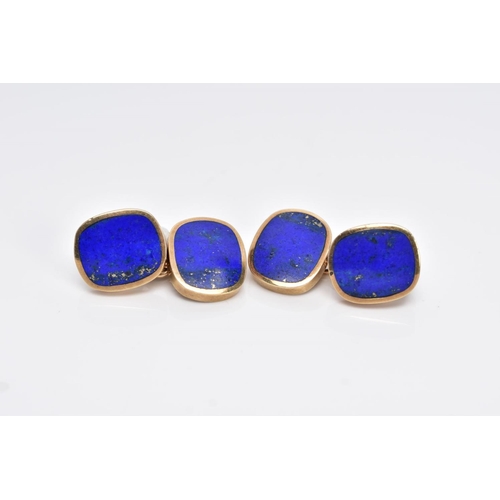 17 - A PAIR OF 9CT GOLD, LAPIS LAZULI CUFFLINKS, each designed with two rub over set lapis lazuli set pan... 