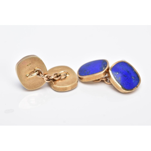 17 - A PAIR OF 9CT GOLD, LAPIS LAZULI CUFFLINKS, each designed with two rub over set lapis lazuli set pan... 